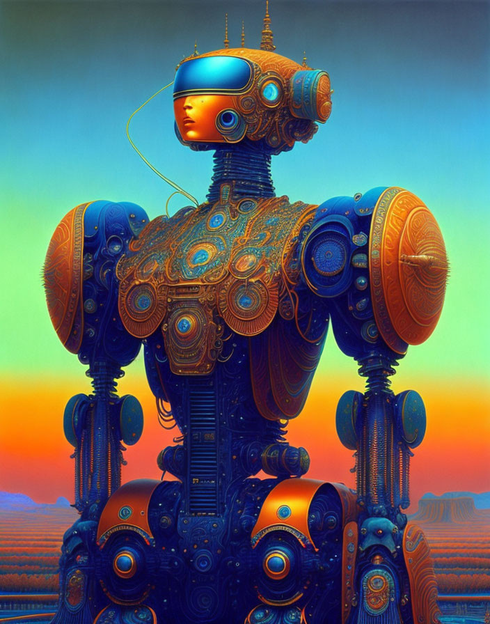 Detailed humanoid robot illustration with blue and gold patterns in sunset landscape