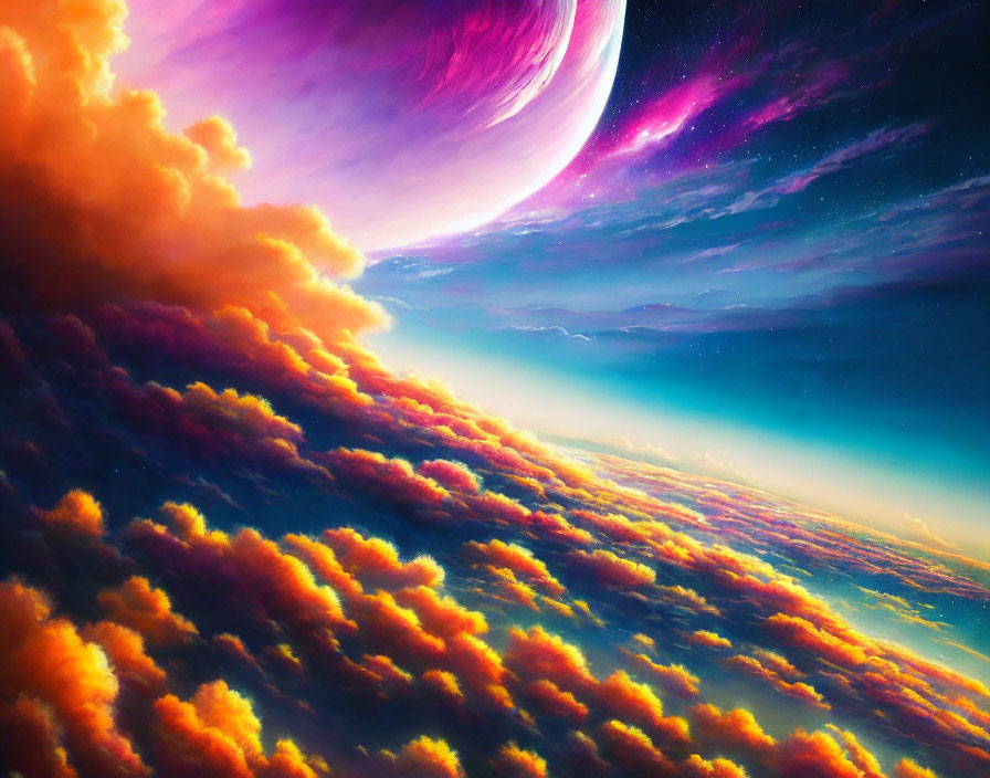 Surreal colorful landscape with orange clouds and giant pinkish-purple planet