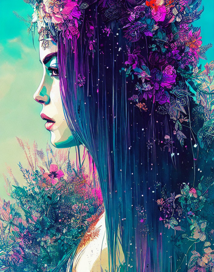 Vibrant floral headpiece blending into woman's hair in colorful illustration