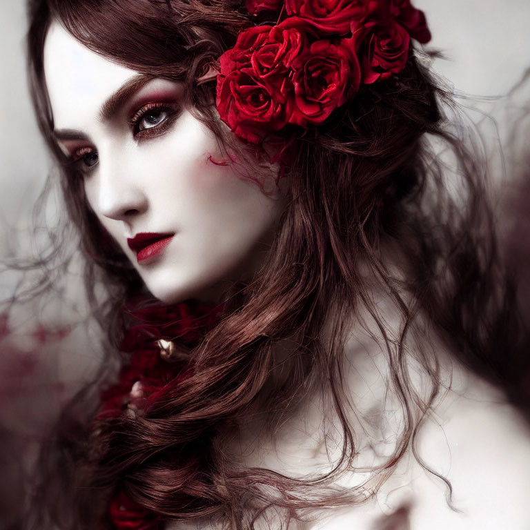 Woman portrait with floral headpiece, red makeup, and flowing brunette hair