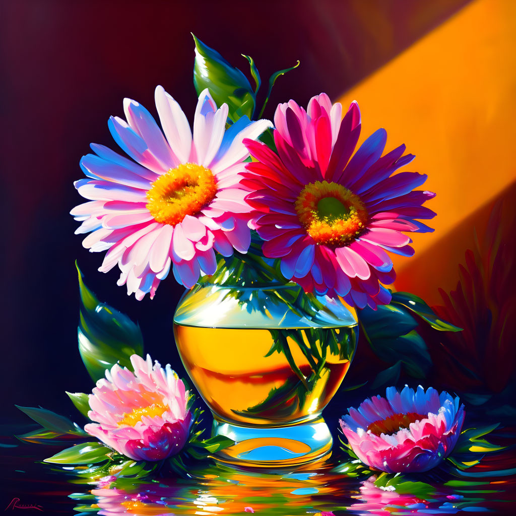 Vibrant flowers in glass vase on reflective surface with dynamic background