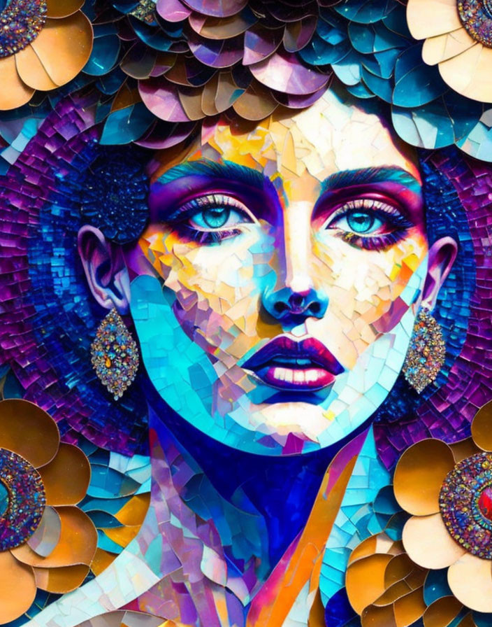 Vibrant mosaic portrait of a woman with blue eyes and colorful tiles