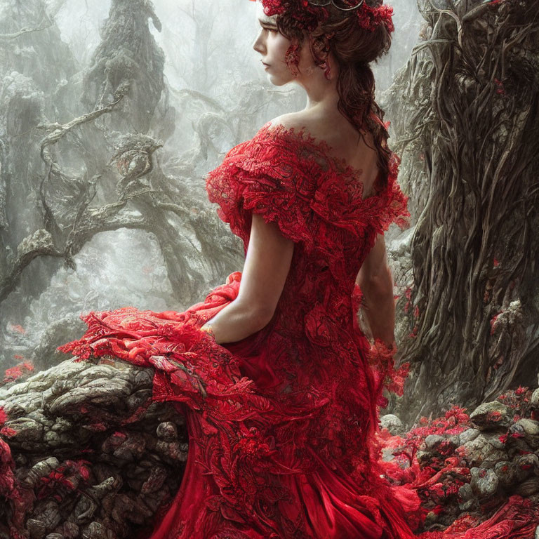 Elaborate red dress woman in mystical forest with gnarled trees