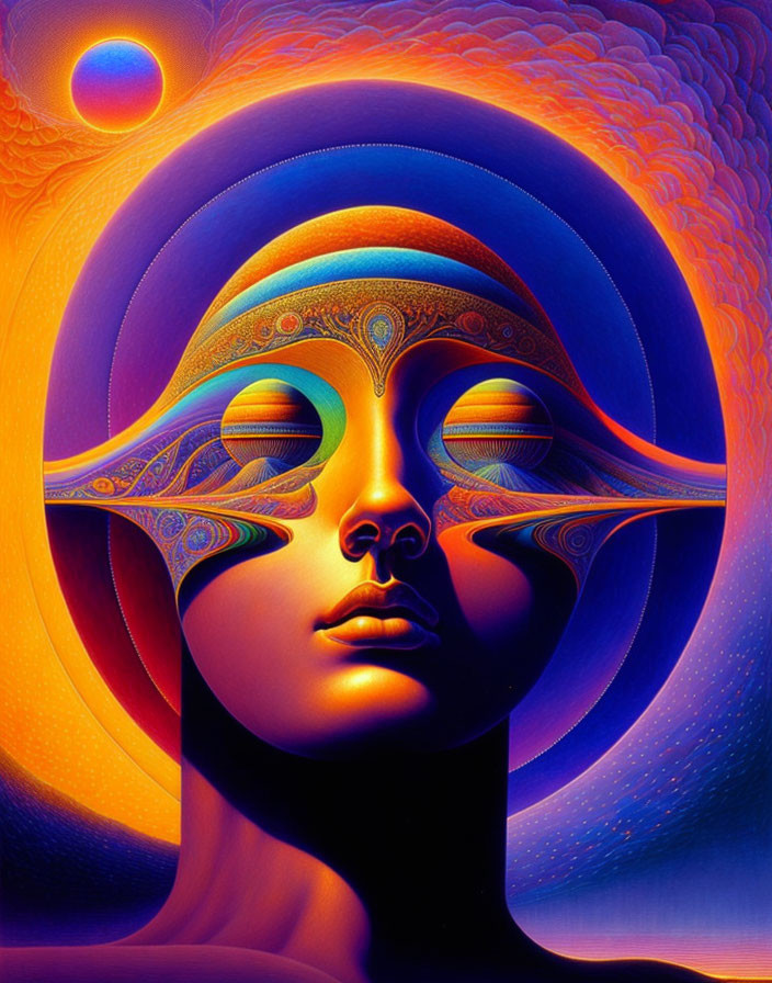 Vibrant psychedelic portrait with closed eyes and celestial motif