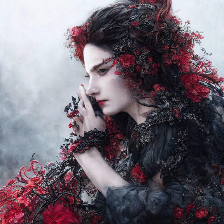 Woman in red floral headpiece and dark attire in contemplative pose against misty backdrop