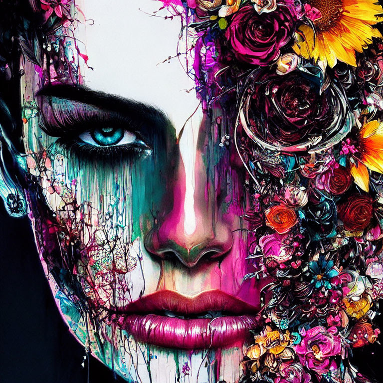 Colorful Floral Face Artwork with Dripping Paint Contrast