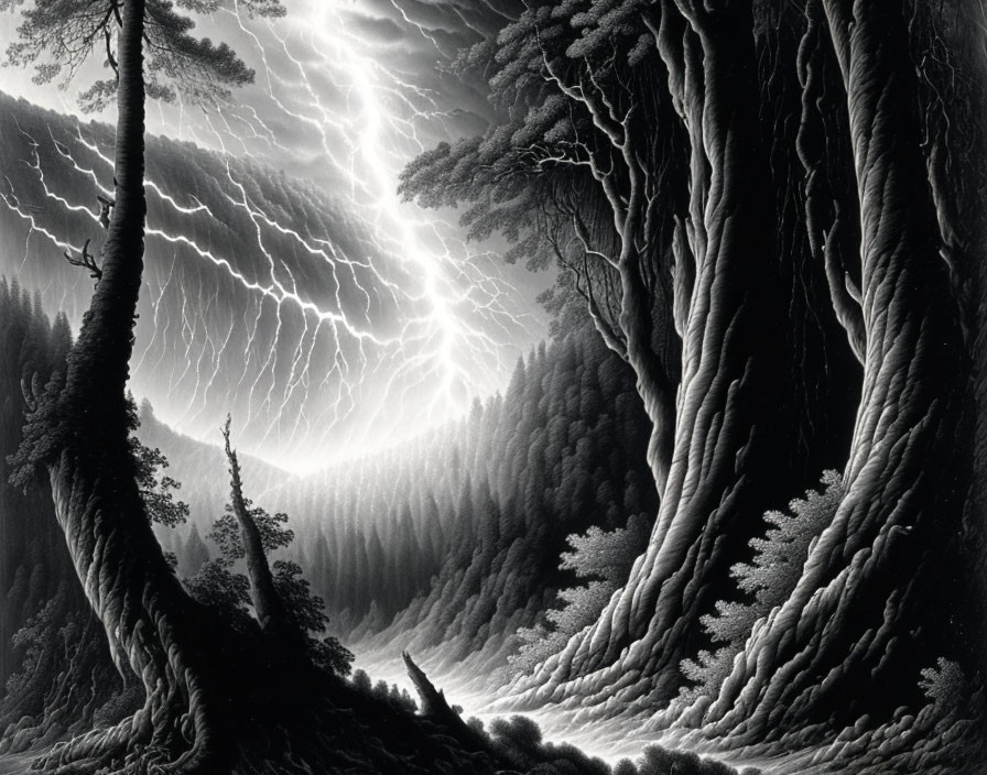 Monochrome dramatic forest scene with lightning strikes