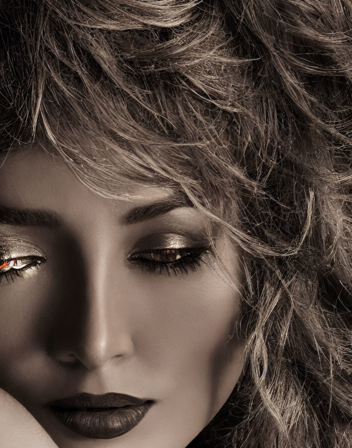 Woman with Voluminous Curly Hair and Golden Eye Makeup in Sepia Tones