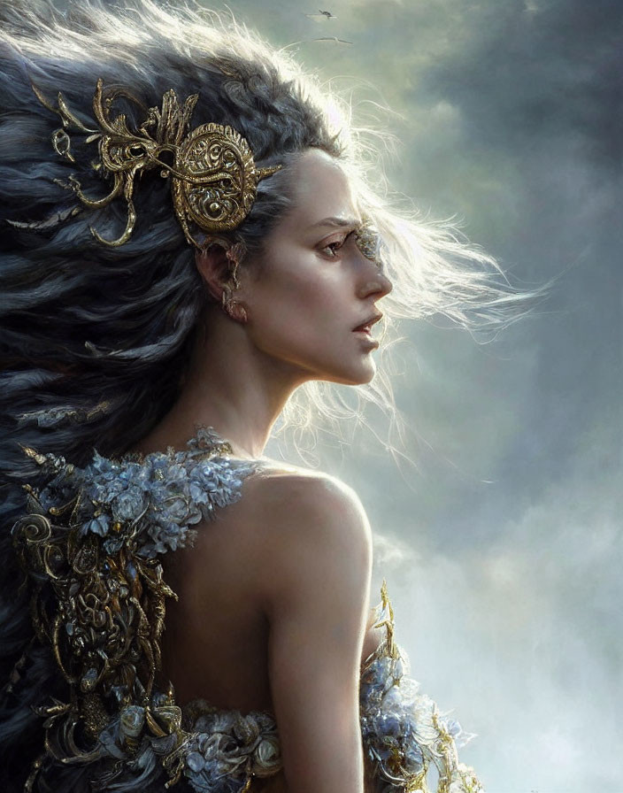 Profile view of woman with silver hair and golden accessory against moody backdrop