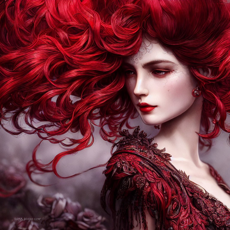 Vivid artwork: Woman with red hair in dark red dress among roses