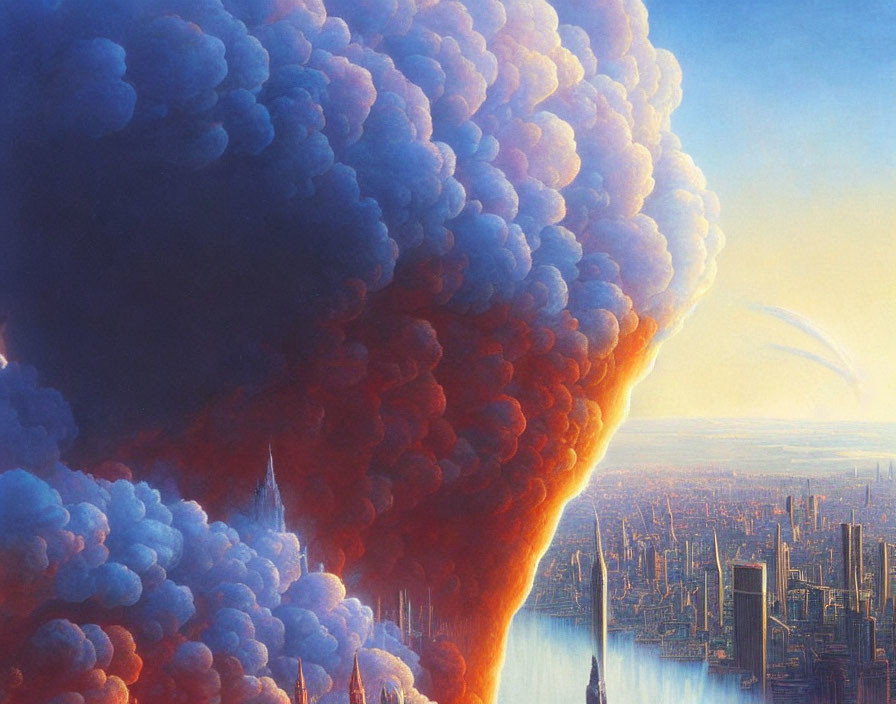 Illustration: Massive explosion with mushroom cloud over futuristic cityscape