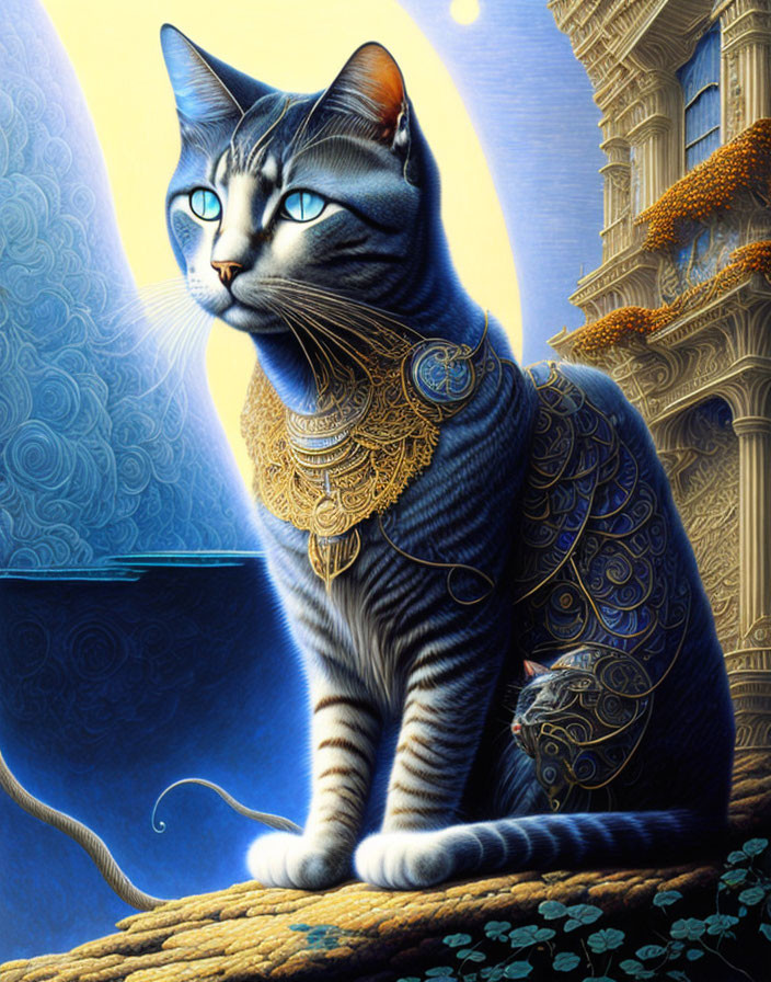 Illustrated blue-gray cat with golden patterns against fantastical backdrop