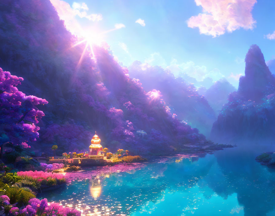 Vibrant pink trees, blue river, mountains, sunlit temple