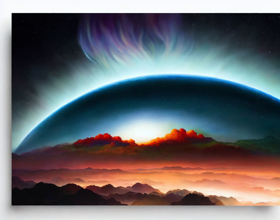 Surreal artwork of planet horizon with mountains, red and orange clouds, and vibrant aurora