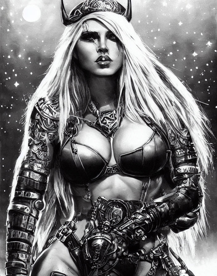 Monochromatic drawing of fierce woman in fantasy armor with horned helmet on starry backdrop