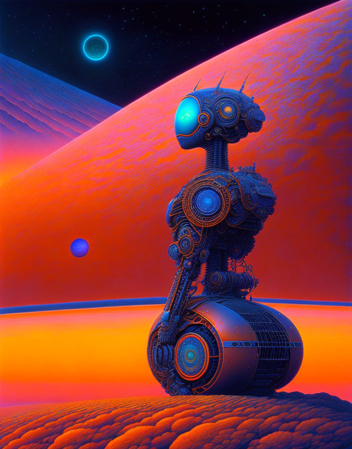 Intricate futuristic robot on spherical base in orange alien landscape