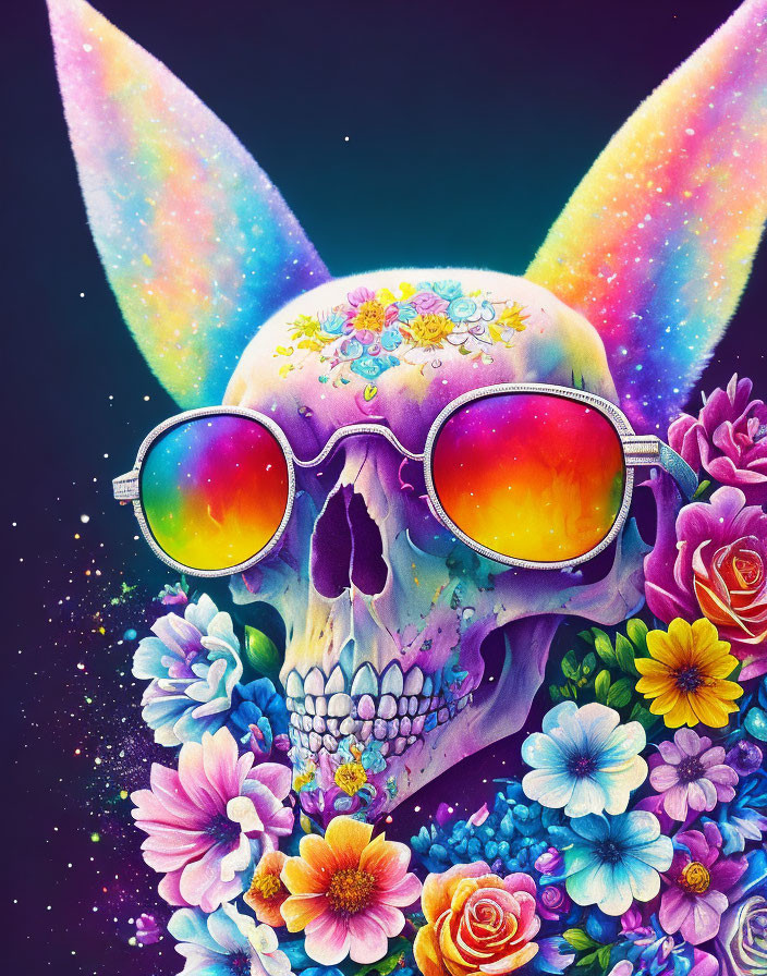 Colorful Skull with Flower Adornments and Rainbow Sunglasses on Cosmic Background