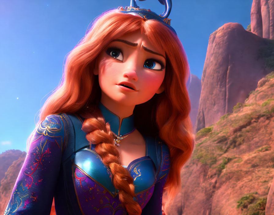 3D animated character with braid and tiara in rocky setting