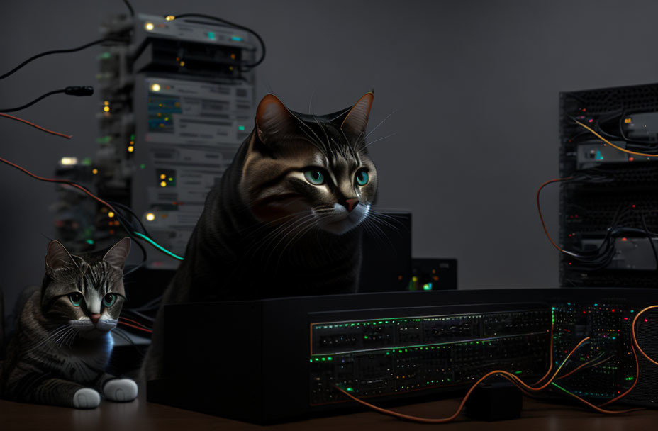 Two glowing-eyed cats in dimly lit server room with cables