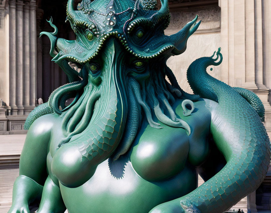 Detailed Green Mythological Creature Sculpture with Tentacles in Front of Classical Building