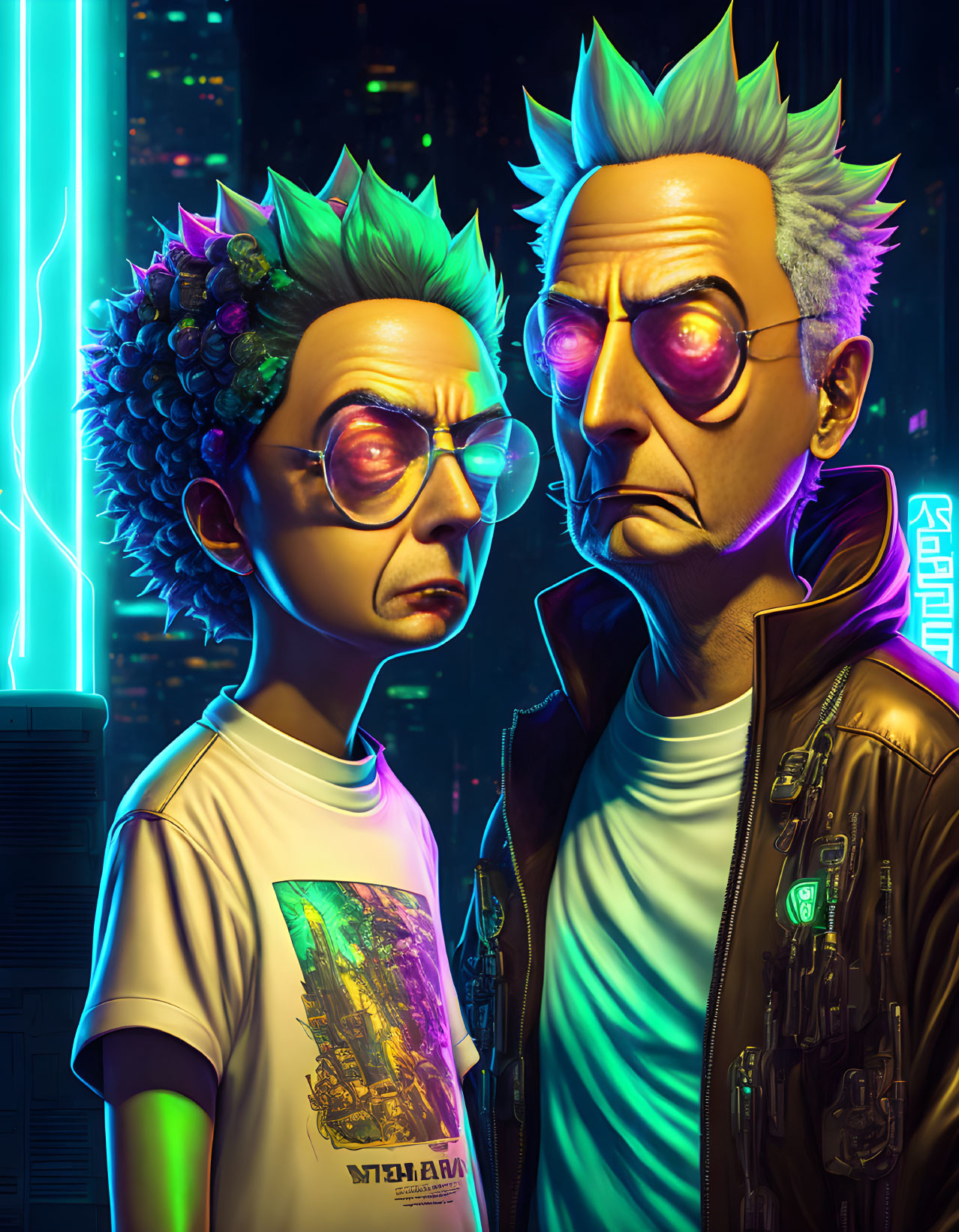 Animated characters with spiky hair in neon-lit futuristic cityscape