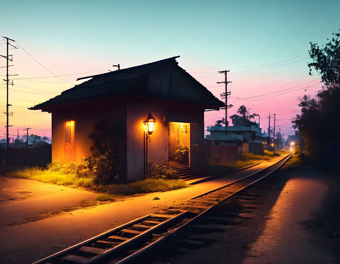 Solitary building by railway tracks at twilight with warm interior light