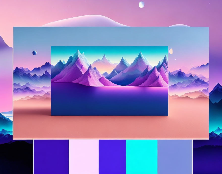 Surreal digital art: Layered purple mountains in looped landscape