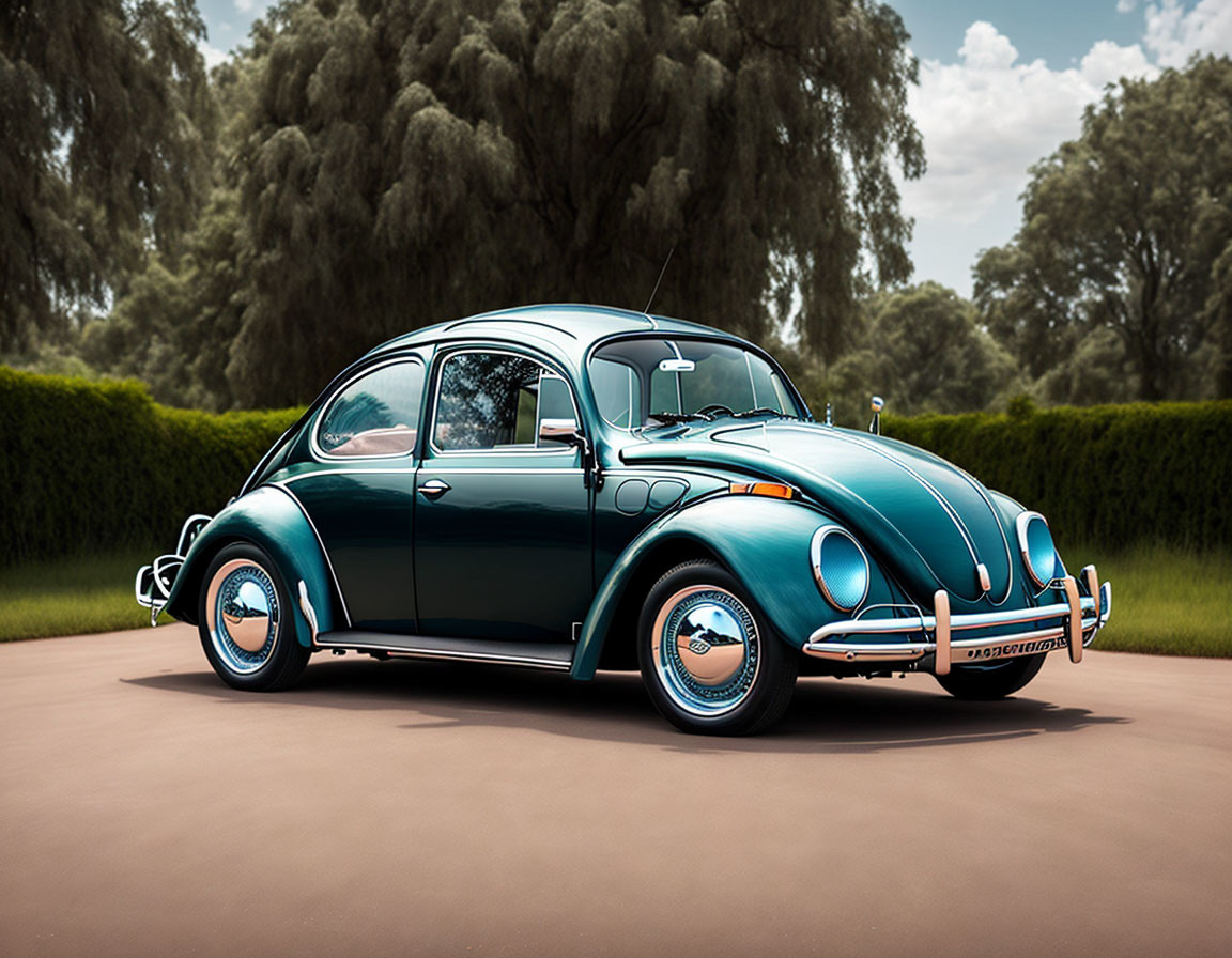 Vintage Volkswagen Beetle parked outdoors surrounded by greenery