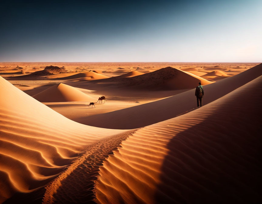 Person and camel crossing desert dunes under clear sky