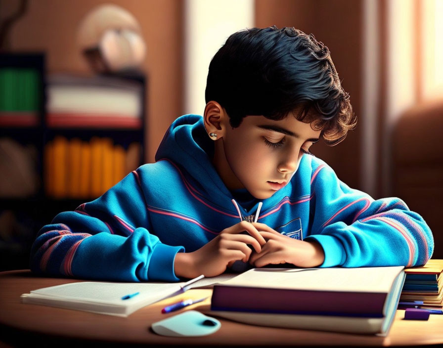 Young person in blue hoodie writing at desk with books and stationary in warm light