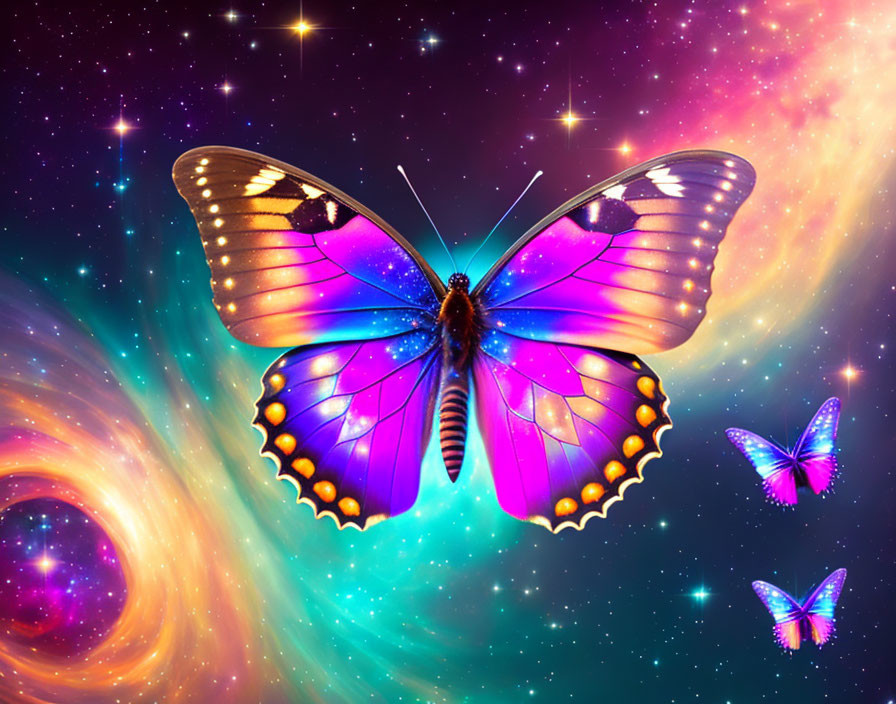 Colorful Butterfly Artwork with Cosmic Galaxy Background