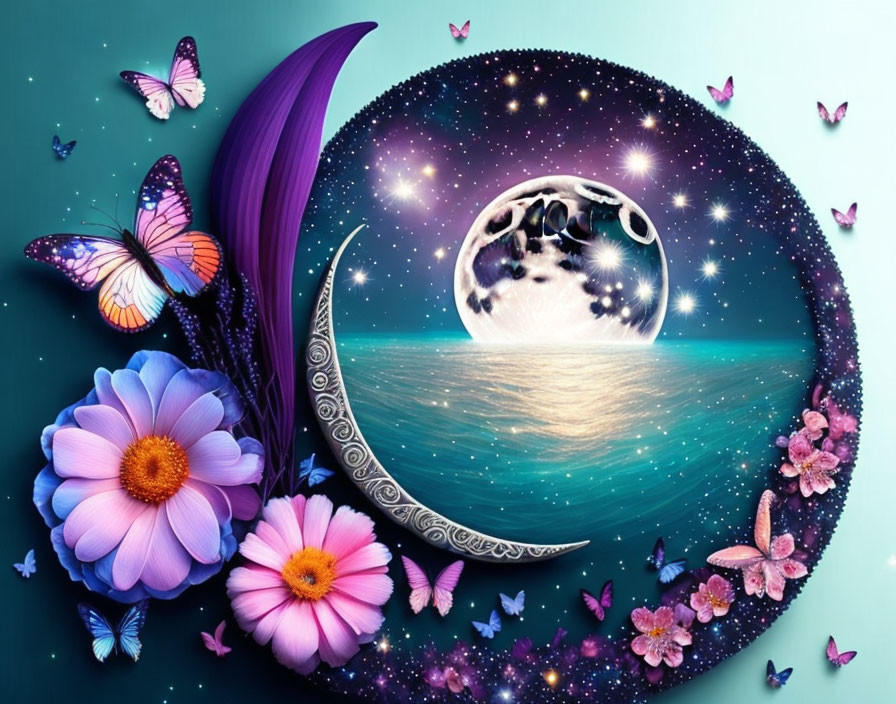 Fantasy scene with crescent moon, starry sky, ocean, flowers, and butterflies