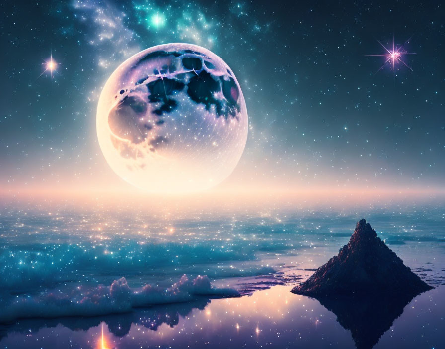 Surreal landscape with glowing moon, mountain peak, and starlit sky