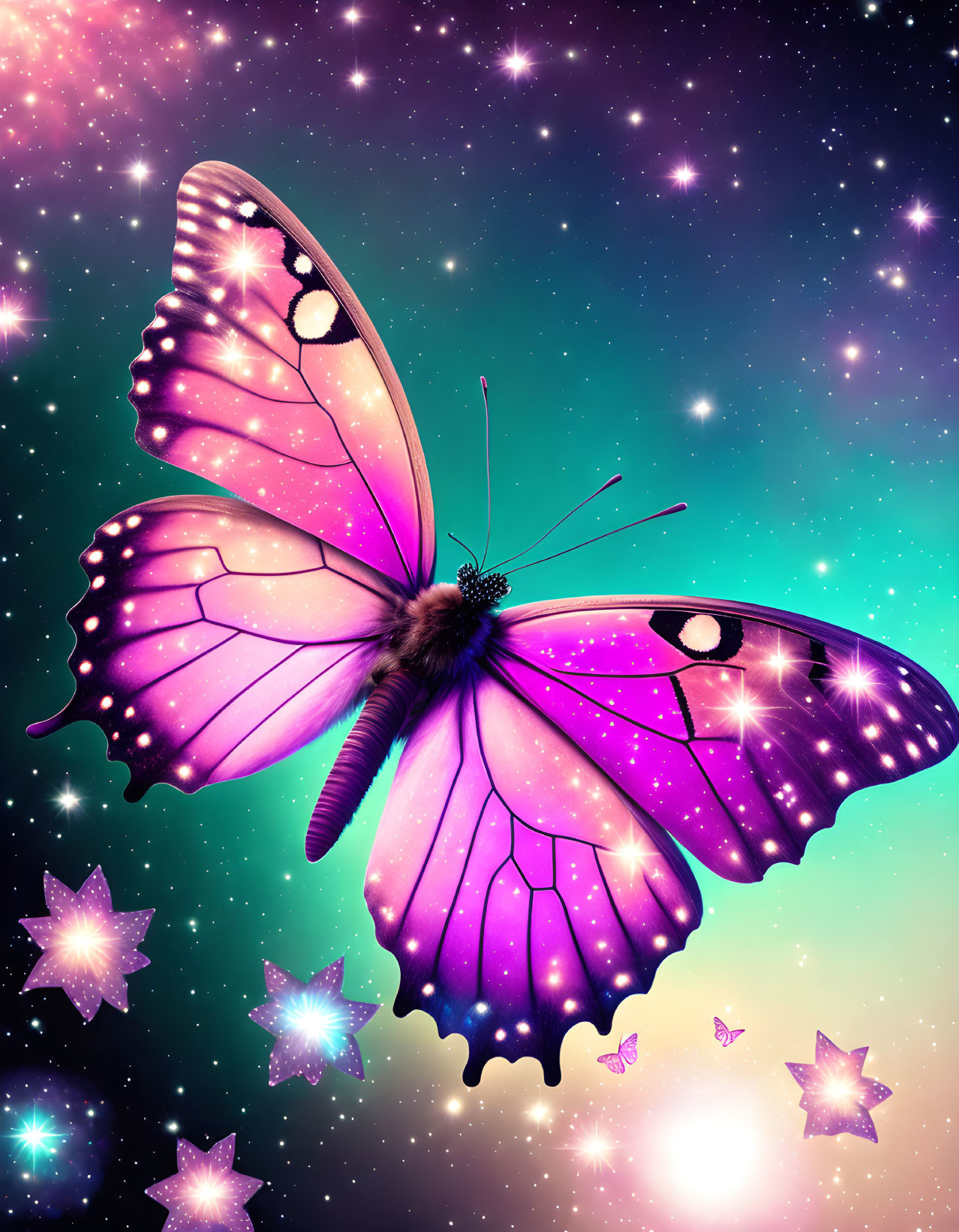 Colorful Butterfly in Starry Space Scene with Pink and Purple Wings
