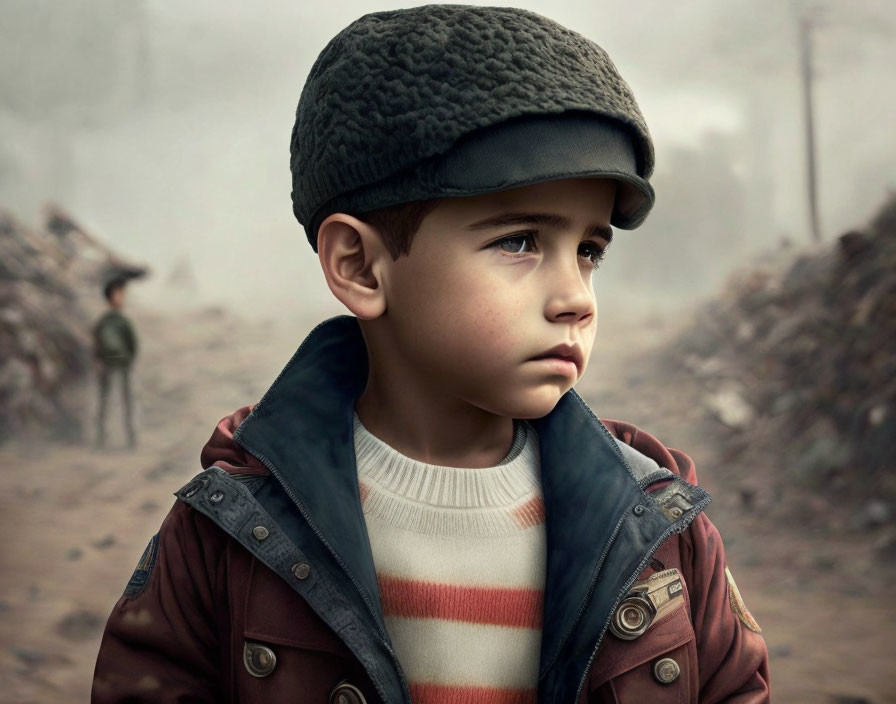 Young boy in knitted cap and red jacket gazes thoughtfully in war-torn setting