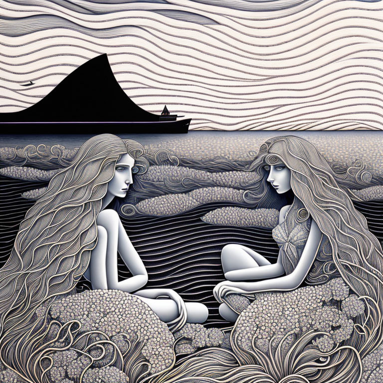 Two Women Sitting on Stylized Beach with Boat and Whale Tail Horizon