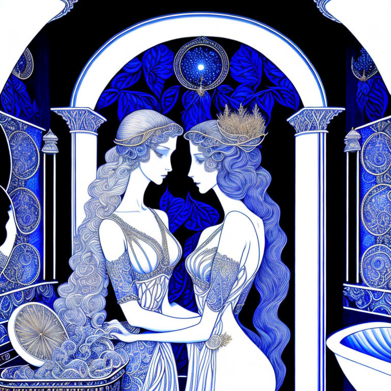 Stylized women with elaborate headdresses in Art Nouveau fantasy scene