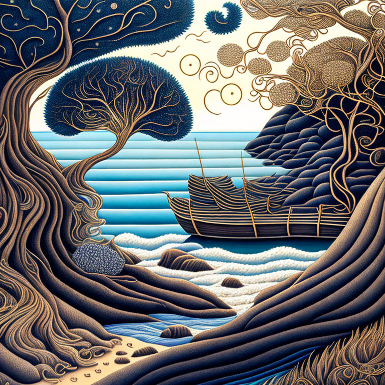 Detailed Stylized Ship at Sea & Trees Illustration in Blue & Brown Tones