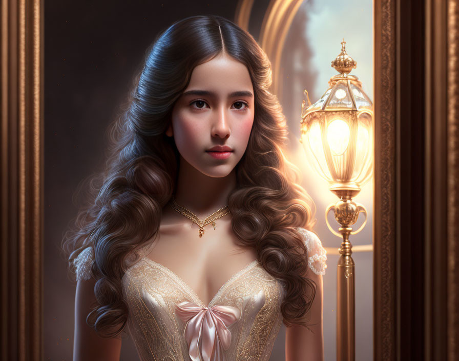 Young woman with long wavy hair in vintage dress by lit lamp post in ornate oval frame