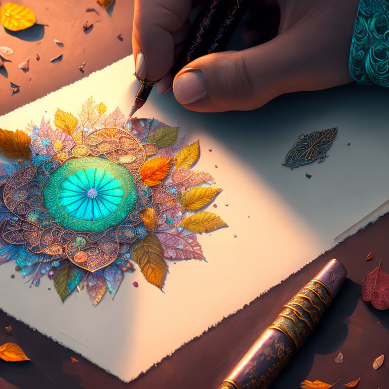 Detailed hand-drawn mandala with vibrant leaves on paper and ornate pen in warm light