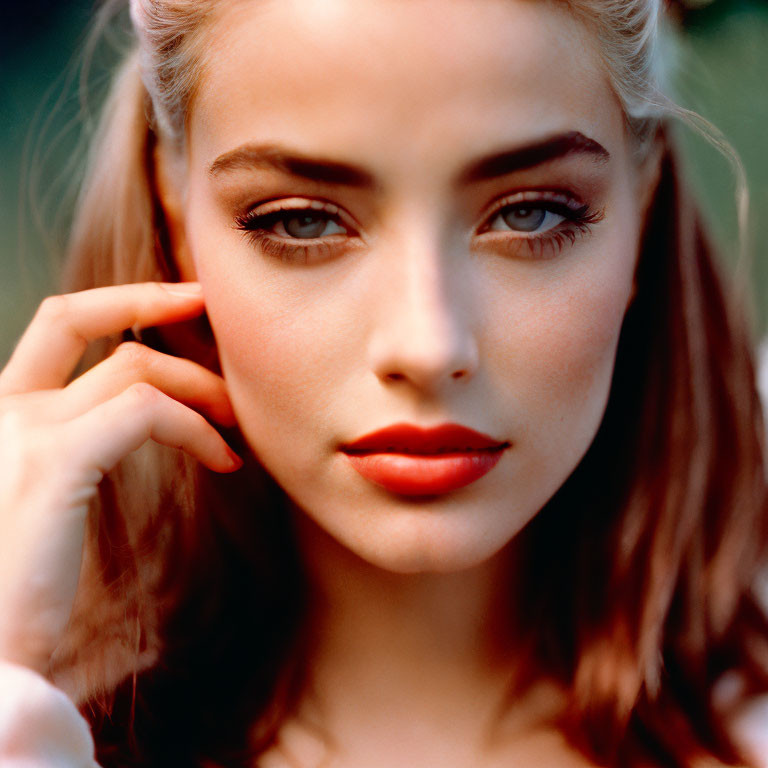 Blonde woman with blue eyes and red lips in close-up portrait.