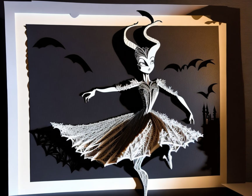 Paper art of stylized female figure with bat-like wings and castle silhouette.