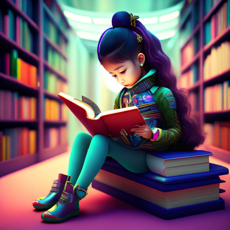 Illustration of girl reading book in vibrant library setting