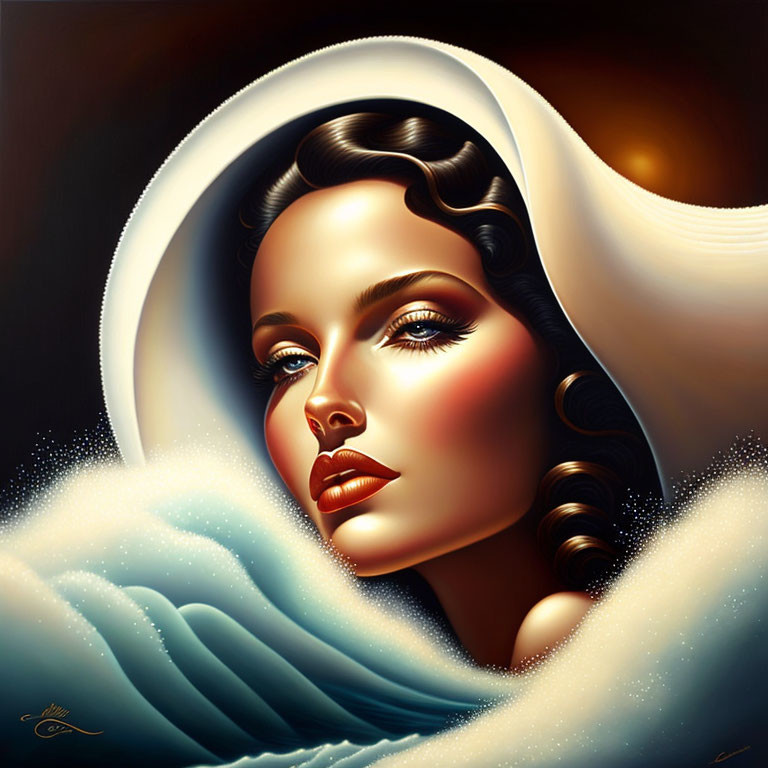 Digital Artwork: Woman with Dark Hair and Blue Eyes in White Headscarf