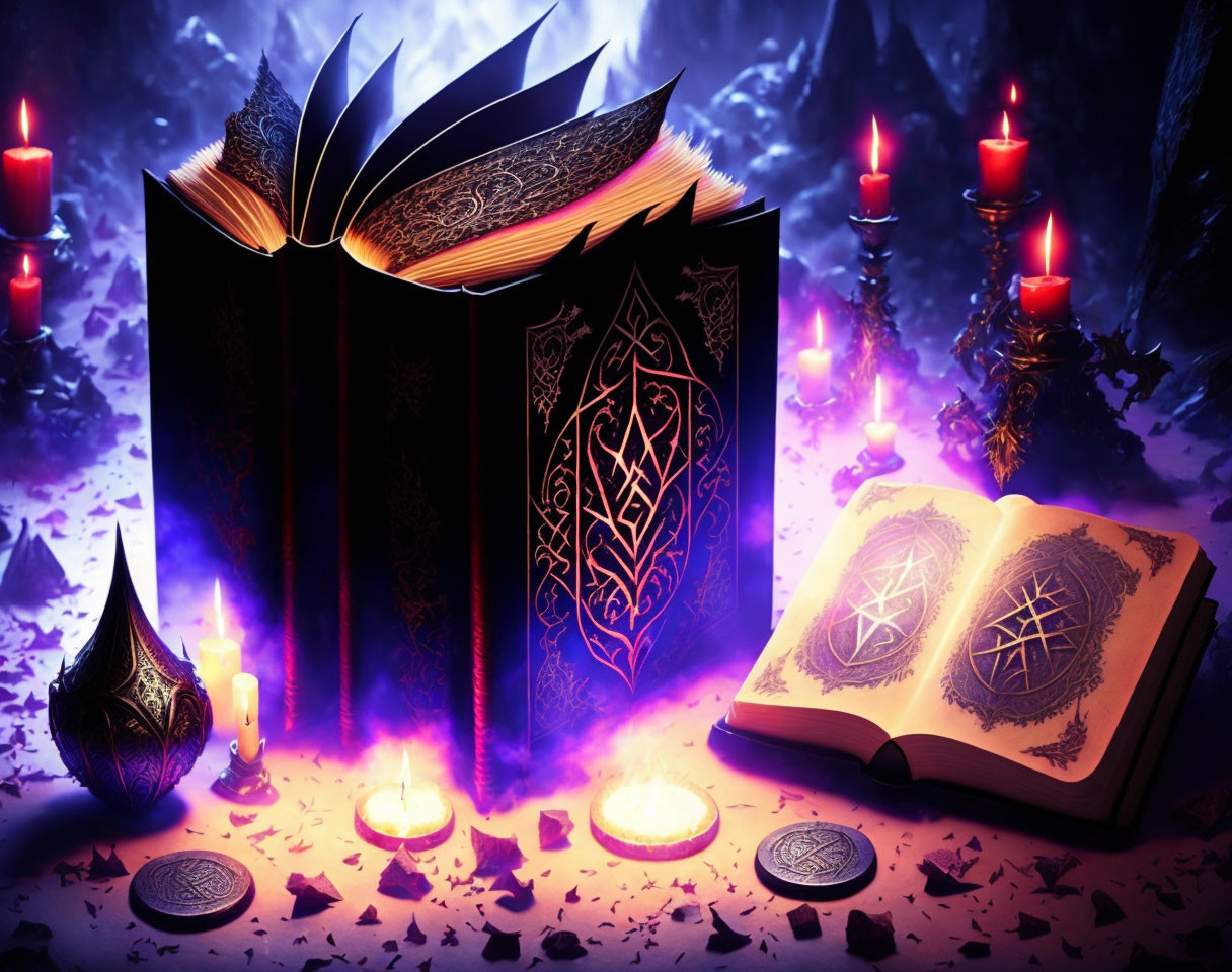 Magical tome with mystical symbols, closed book, candles, inkwell on eerie purple backdrop