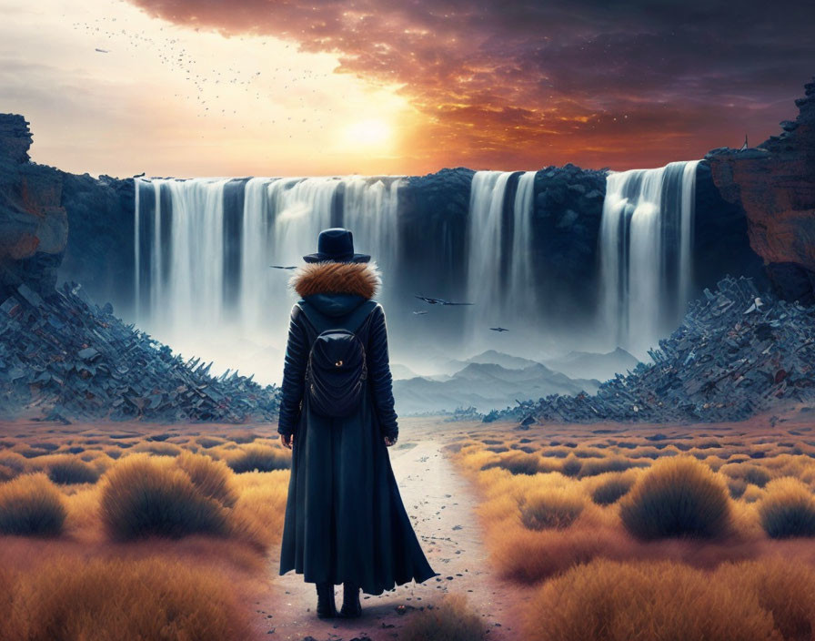 Person in coat and hat gazes at waterfall in surreal landscape at sunset