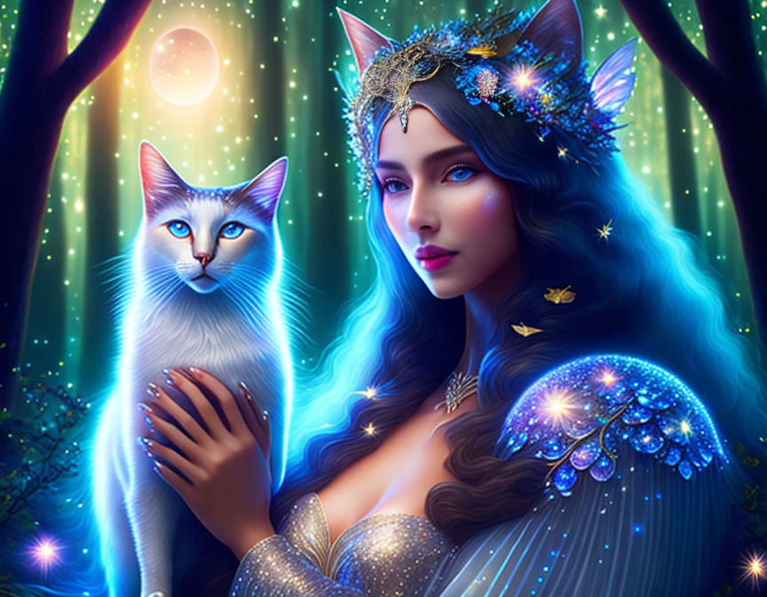 Mystical woman with blue hair and glowing white cat in enchanted forest