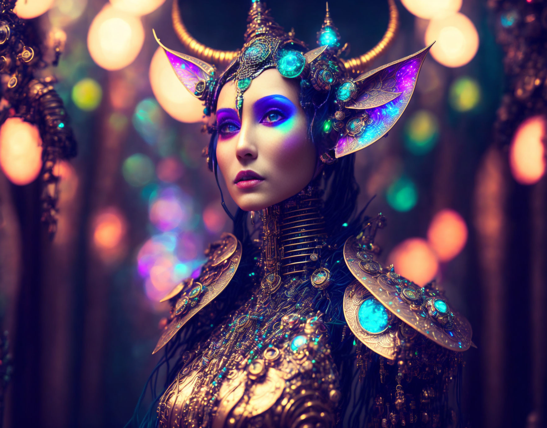 Fantasy armor adorned with glowing elements and horns on bokeh light background