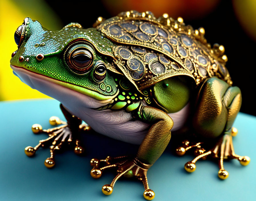 Colorful digital artwork: Frog with gold detailing on back, against vibrant background