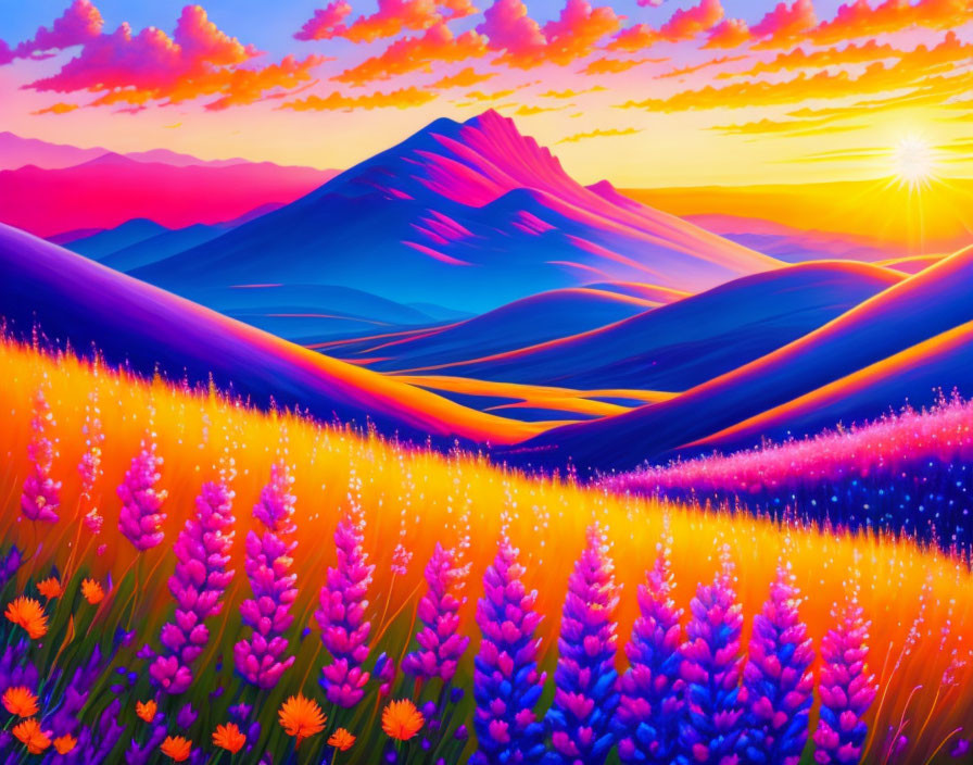 Colorful Sunset Over Mountain with Flower Field